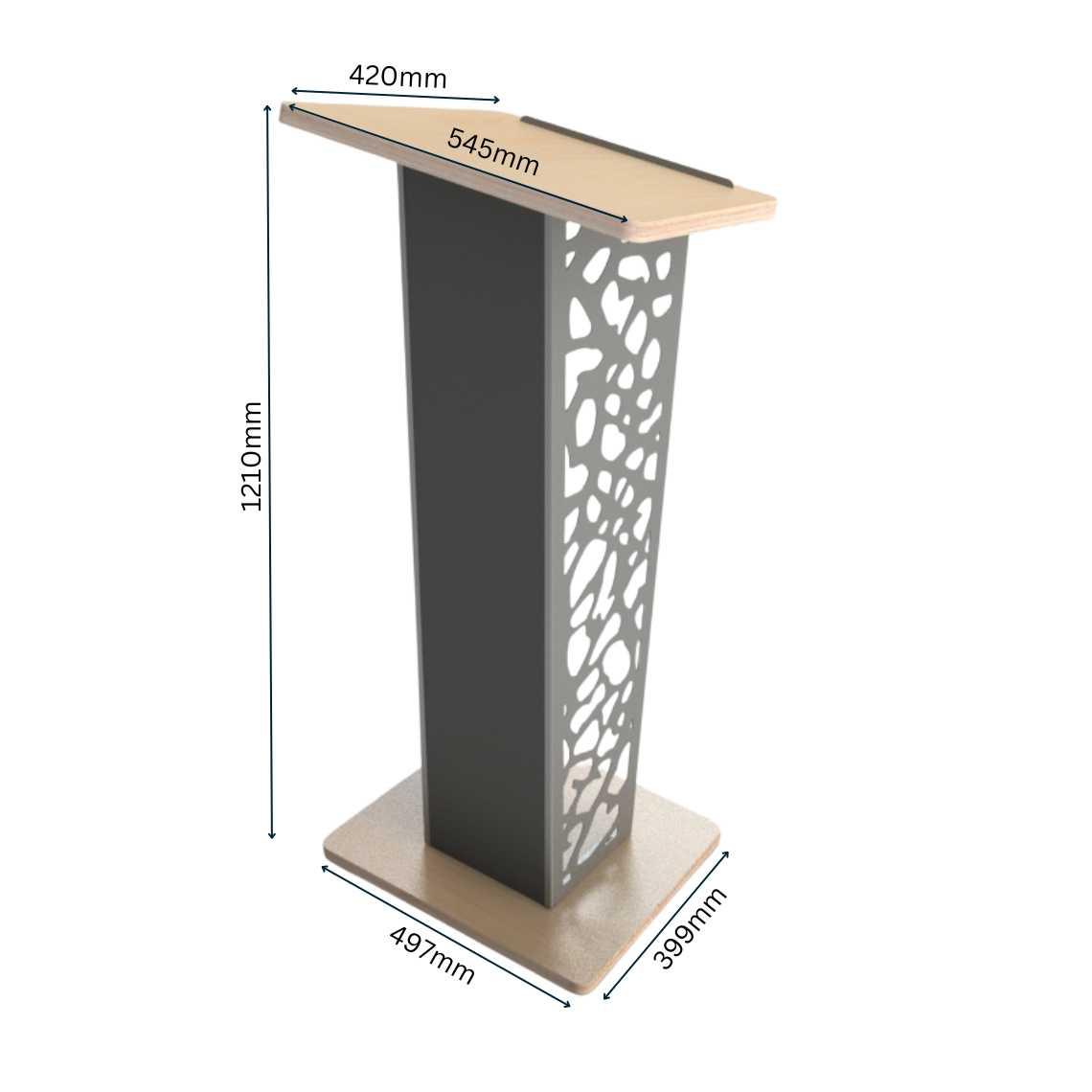 Designer lectern with geometric cut out pattern, with dimensions: 1210mm (h), 545mm (w) and 420mm (d), base dimensions: 497mm (w) x 399mm (d).