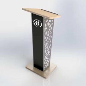 Designer lectern with a logo, wooden base and reading platform and metal geometric cut out panels.