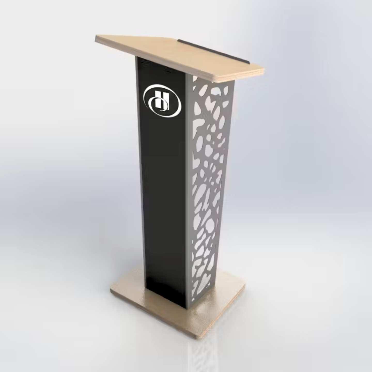 Designer lectern with a logo, wooden base and reading platform and metal geometric cut out panels.