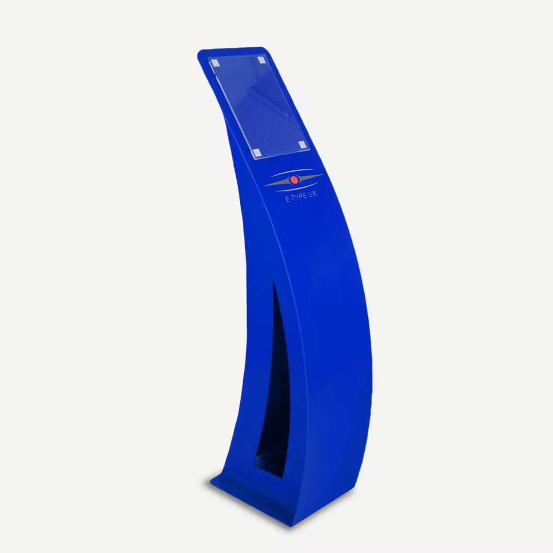 A blue floor standing poster holder with logo.