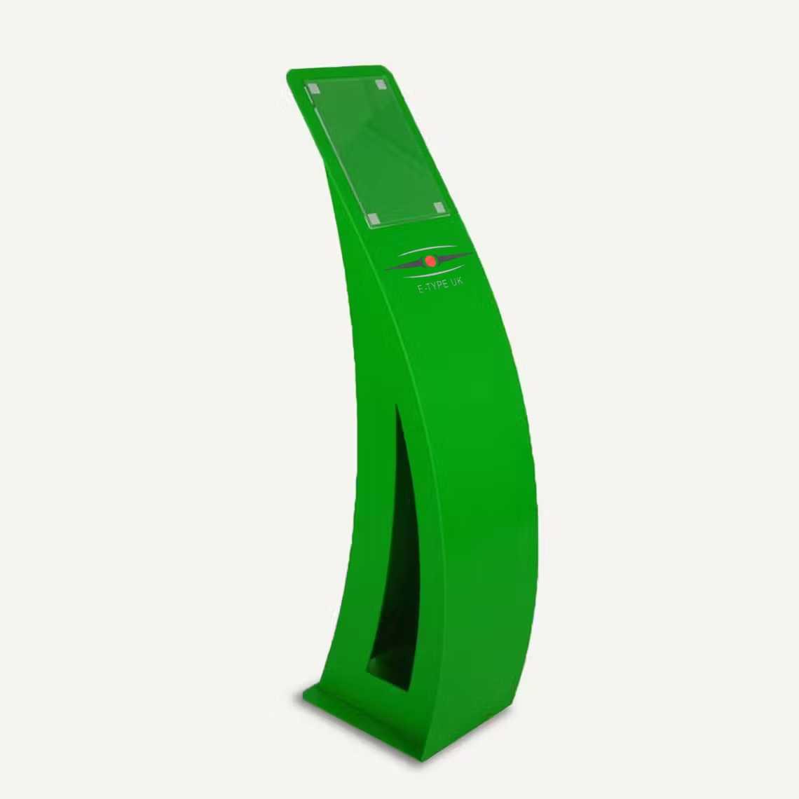A green floor standing poster holder with logo.
