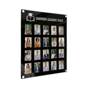 A staff photo frame in black with a custom logo and 20 photo pockets.