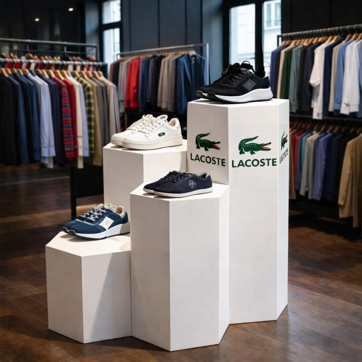 Four white plinths in a clothes store, one with custom branding on the sides.