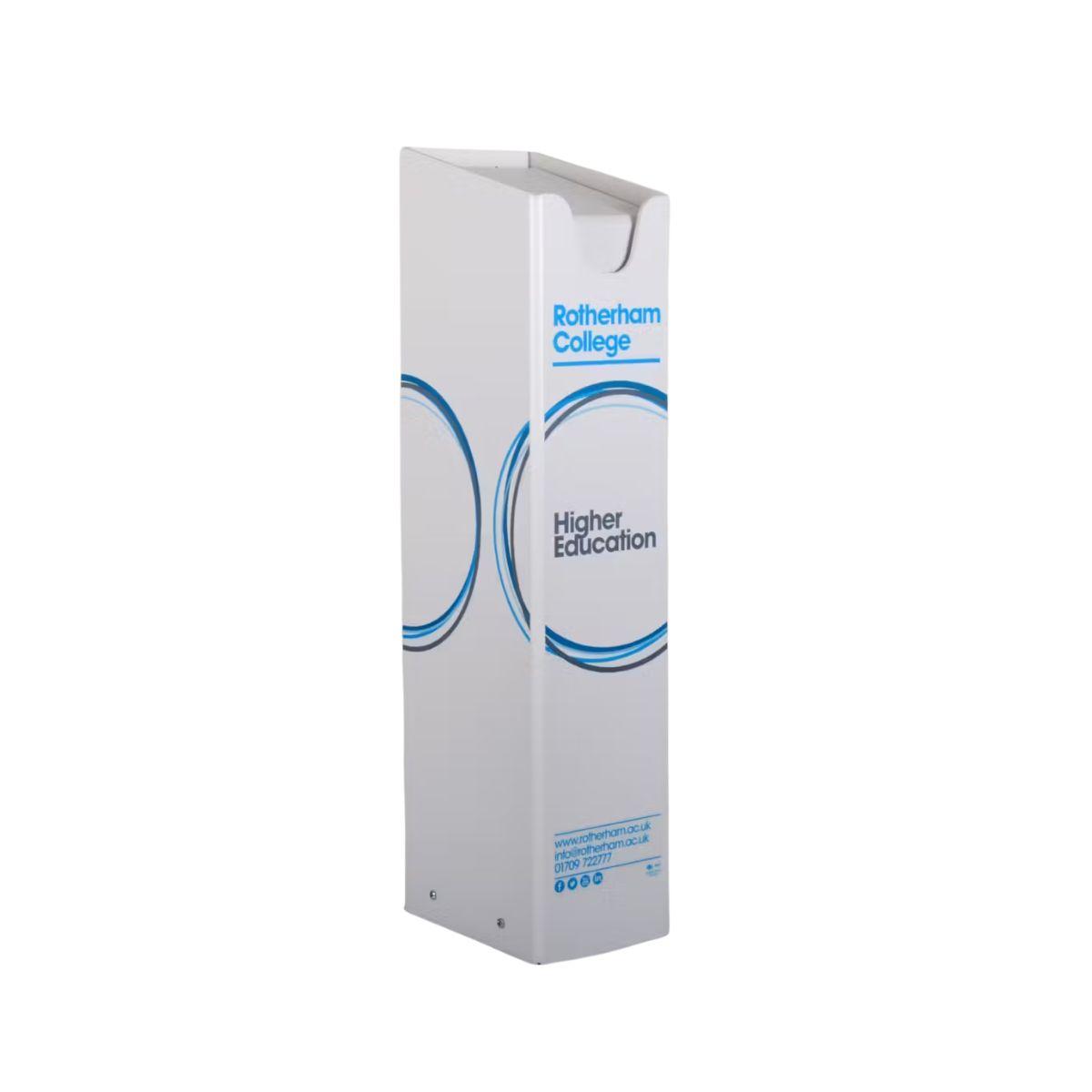 A "Rotherham College" custom spring loaded dump bin with print on the front and sides.