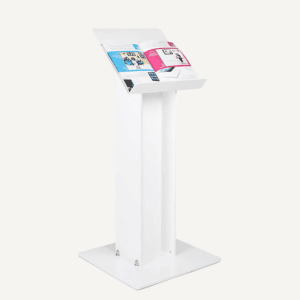 White Lectern holding a blue and pink magazine.