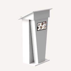 Modern white lectern with digital screen at the front.