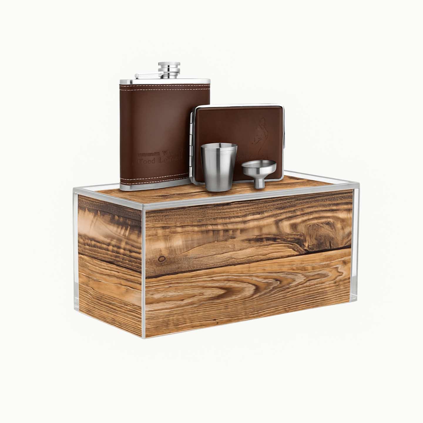 A clear acrylic countertop plinth with wooden printed inner wrap and hip flasks sat on top.