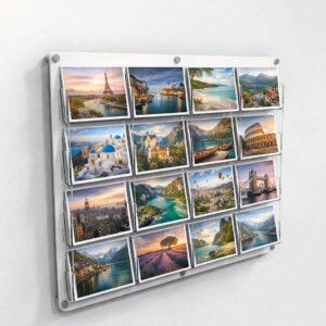 A clear and white wall mounted 12 pocket postcard holder with postcards on display.
