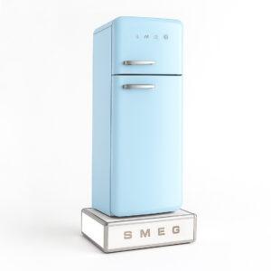 Strong branded white display podium with metal frame and Smeg branding with a Smeg Fridge displayed on the top.