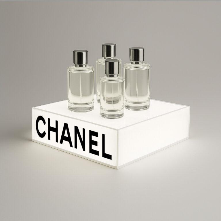 Countertop branded illuminated product display plinth, showcasing Chanel logo and displaying 4 perfume bottles.