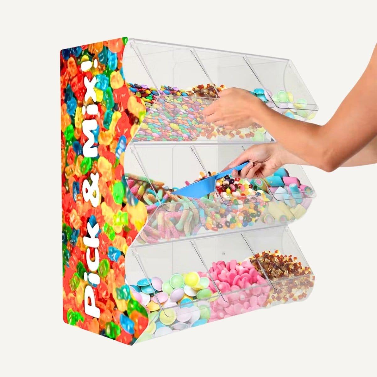 Pick & Mix dump bin with colourful printed sides with a variety of sweets inside.