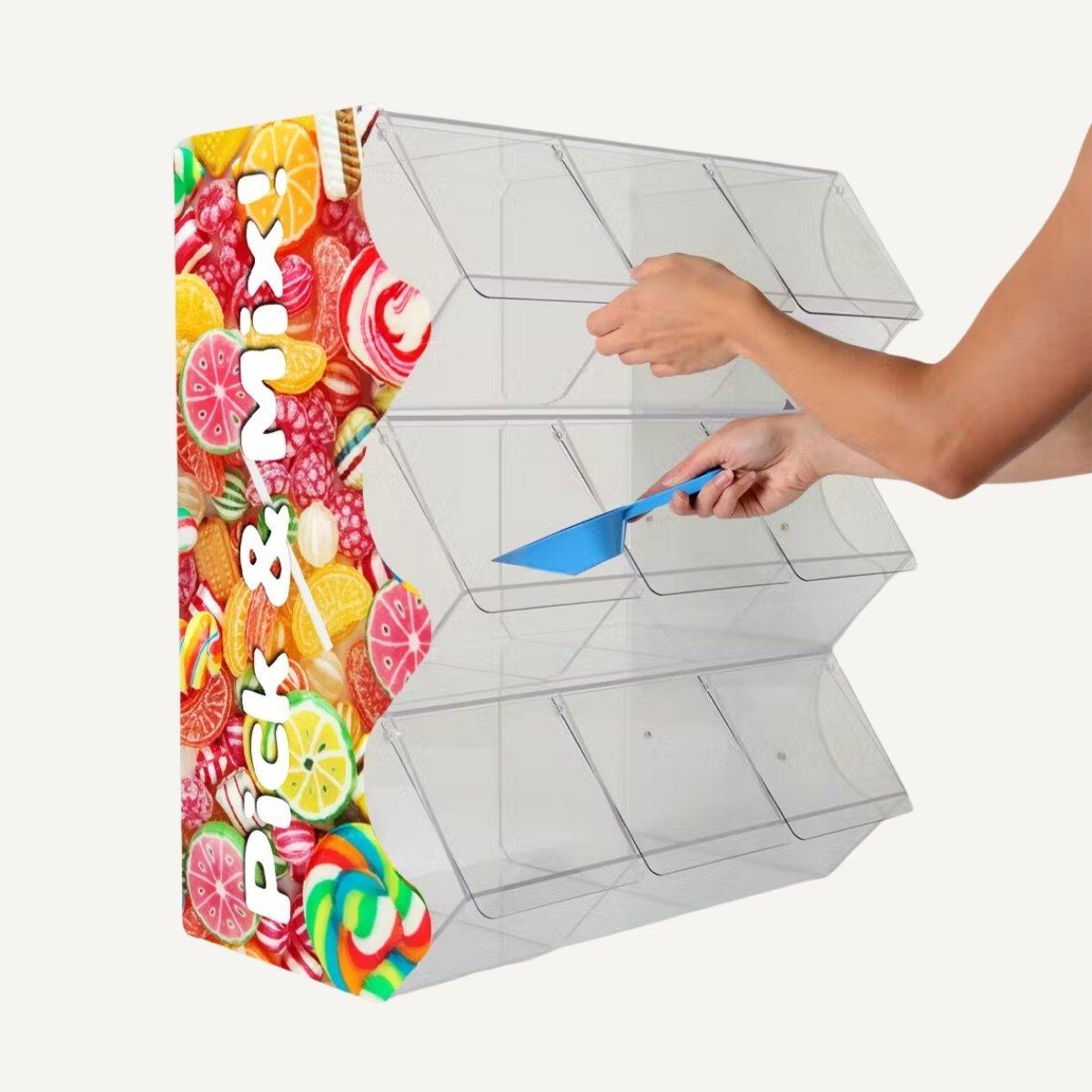 Pick & Mix bins with printed sweets on the sides.
