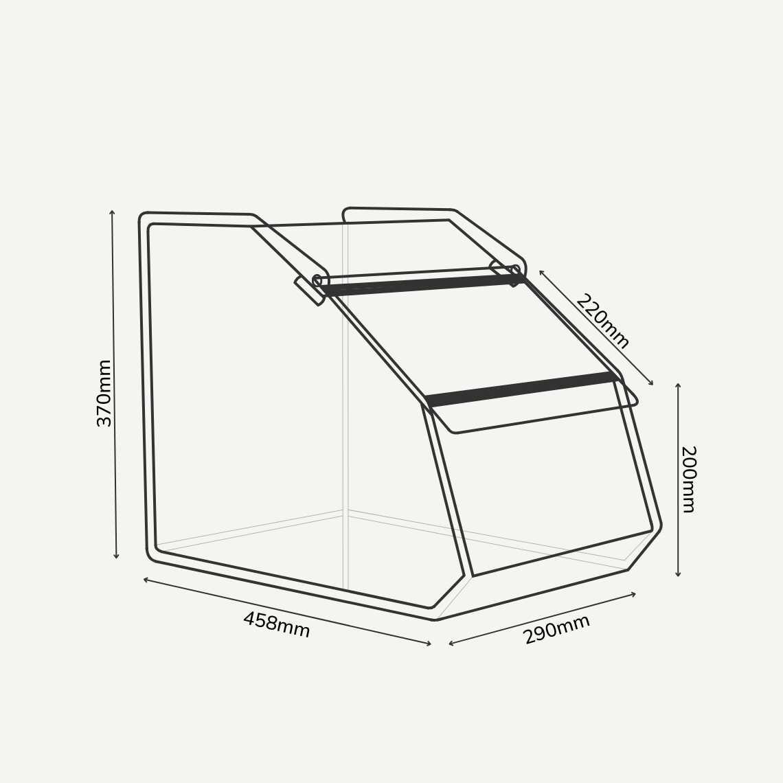 A diagram drawing of an acrylic pet food bin with dimension: 290mm (w) x 458mm (d) x 370mm (h) and lid height 220mm.