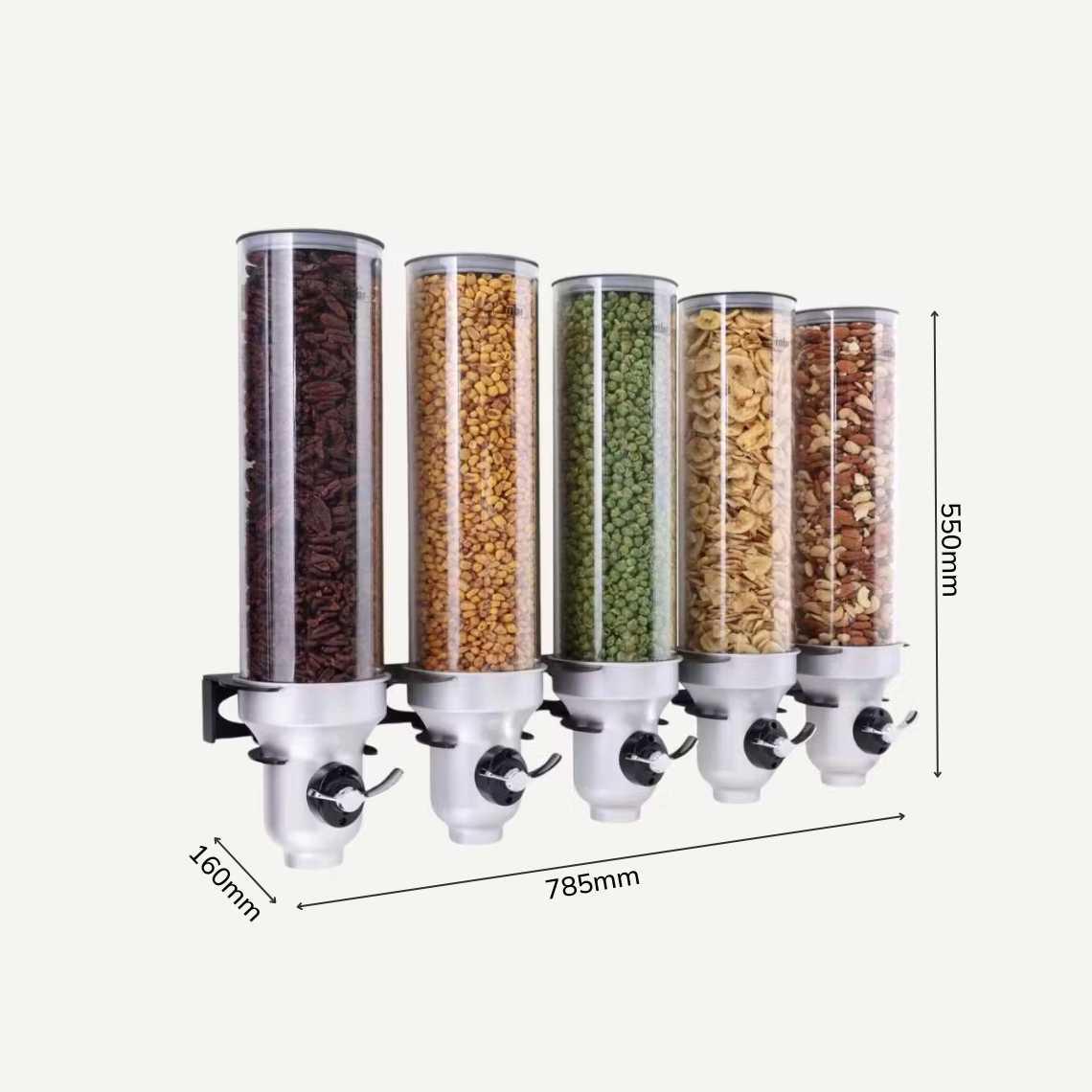 A wall mounted five container dry food dispenser with different nuts and pulses inside with dimensions: 785mm (w) x 160mm (d) x 550mm (h0.