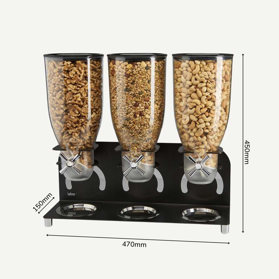 A triple container cereal dispenser with different NUTS inside with dimensions: 470mm (w) x 150mm (d) x 450mm (h).