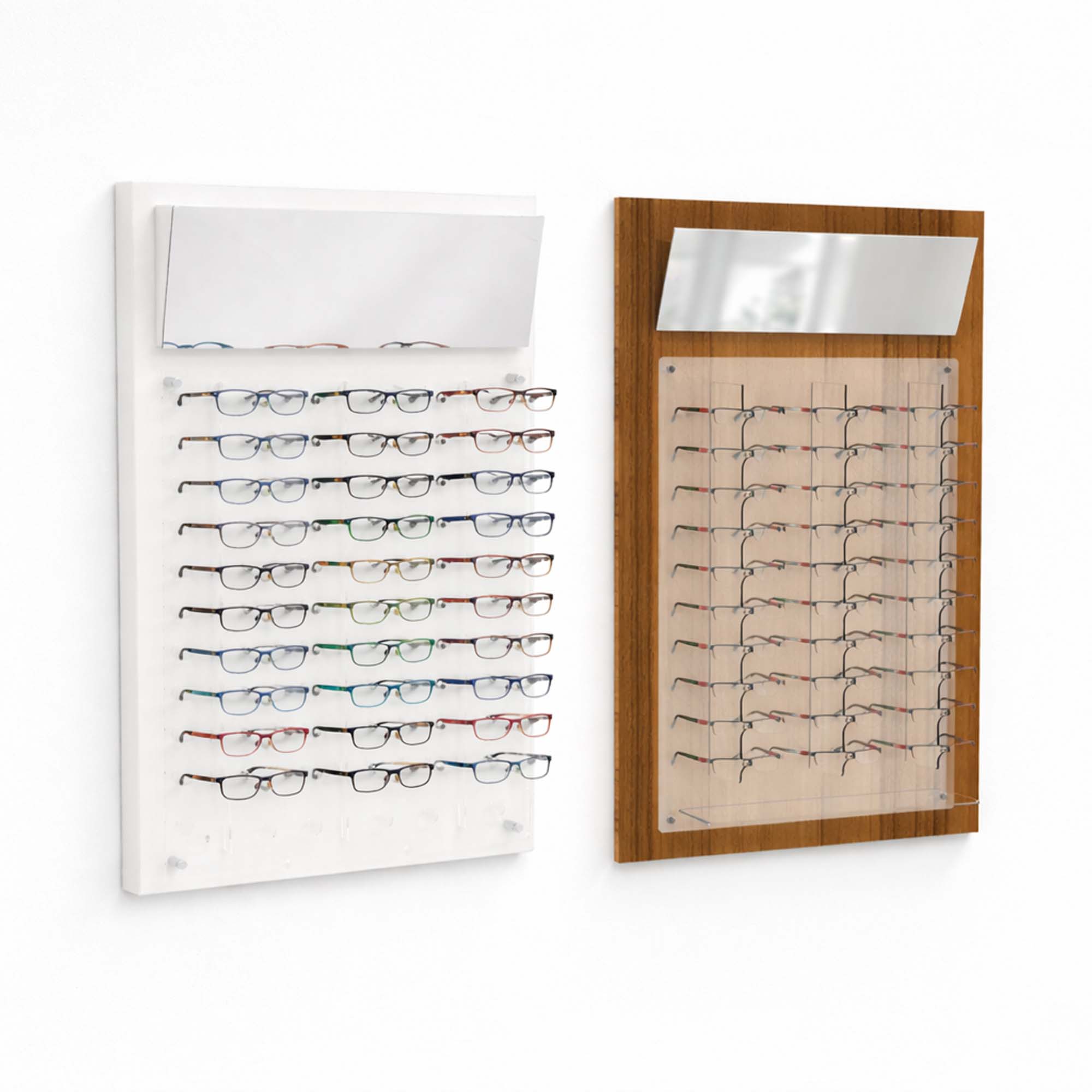 Modern eyewear display boards on white wall, white and wood finish optical frame holders with mirrors, retail glasses display for opticians
