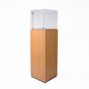 Tongue and groove wooden display plinth with clear acrylic showcase and built-in LED spotlights for illuminated presentation.
