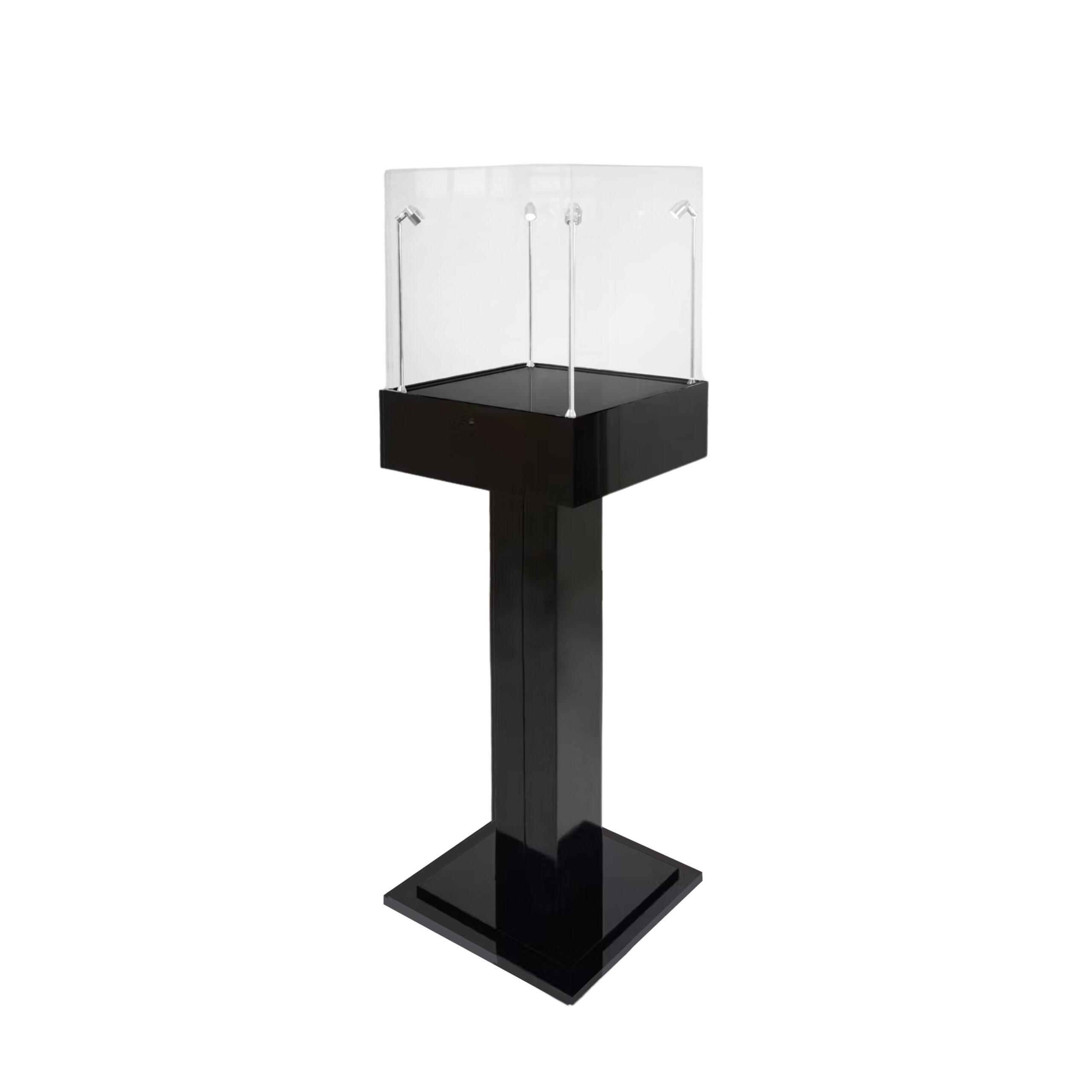 A Black capped plinth display case with four lights.