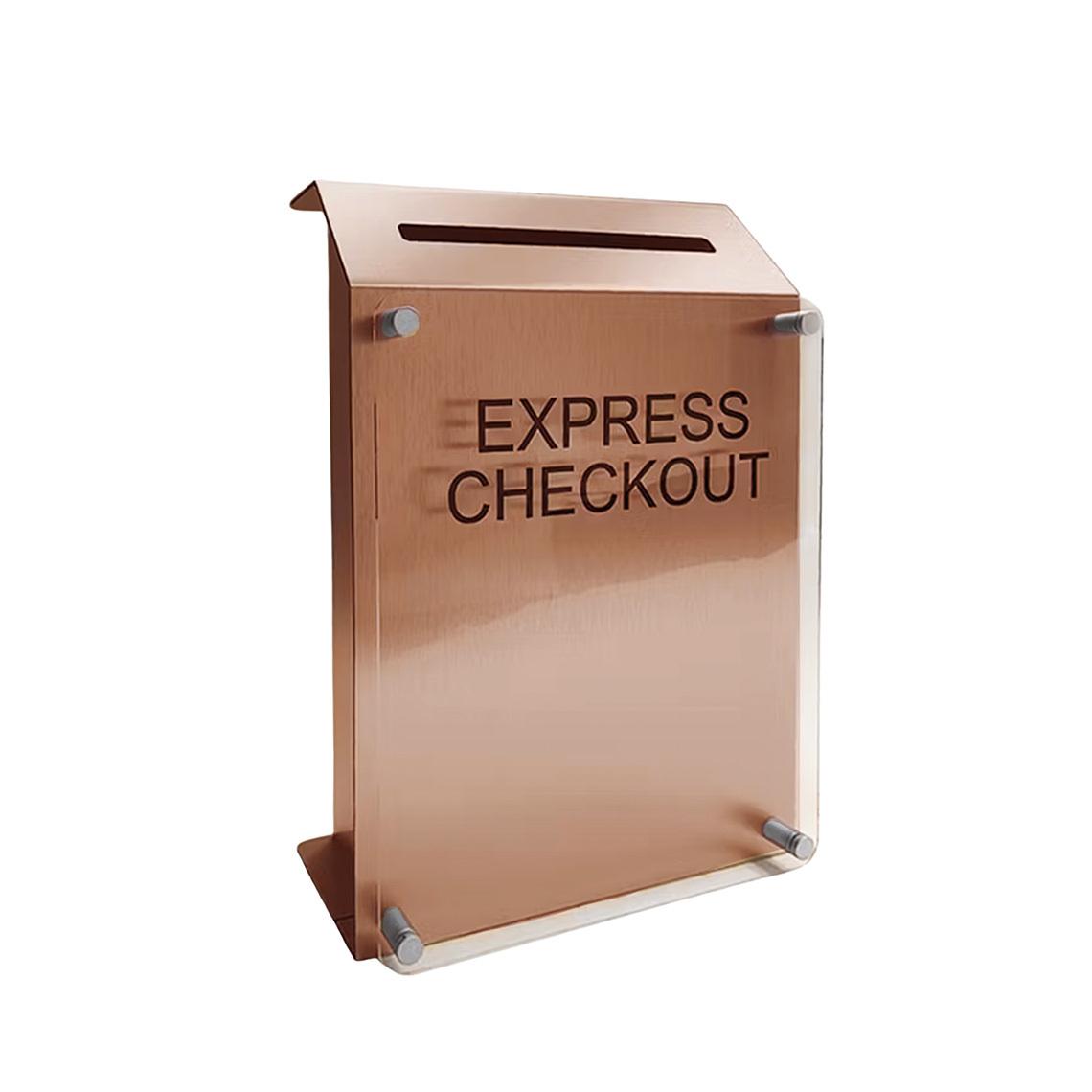 A brushed copper hotel key drop off box with "express checkout" on the front.