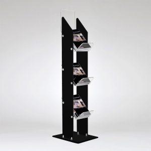 A clear and black acrylic magazine stand with 3 tiers.