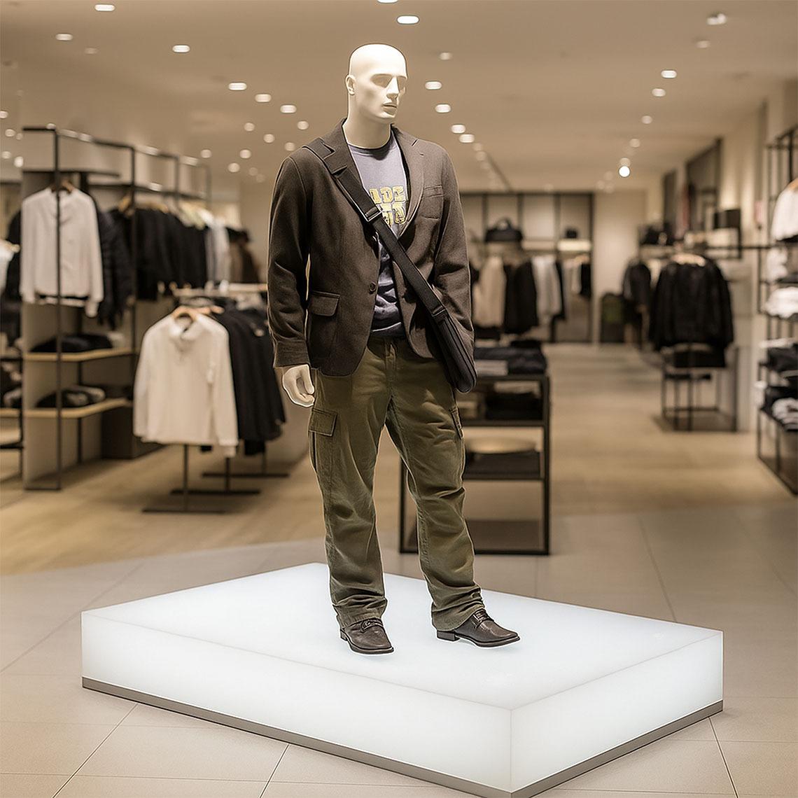 A male mannequin stood on an illuminated plinth in a clothing store.