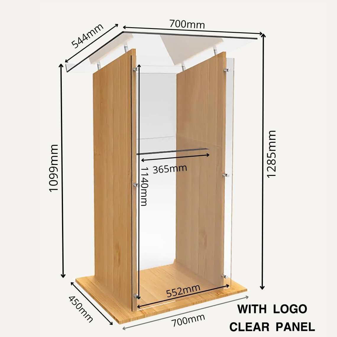 An executive lectern made from acrylic and wood with overall dimensions: 700mm (w) x 1285mm (h) x 450mm (d).