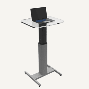 Height adjustable lectern with clear acrylic top, featuring a laptop placed on its surface and grey metal base with castor wheels.