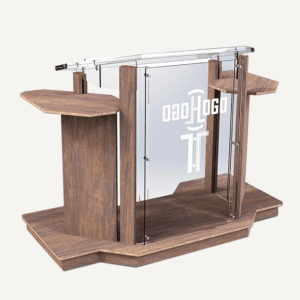 Church lectern pulpit in wood and acrylic, with a logo on the front of the acrylic face.