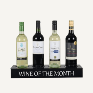 An LED bottle glorifier display holding four wine bottles with "wine of the month" on the front of the display.