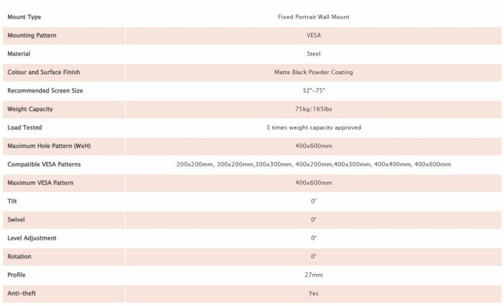 A spec sheet for digital advertising screen wall mount.