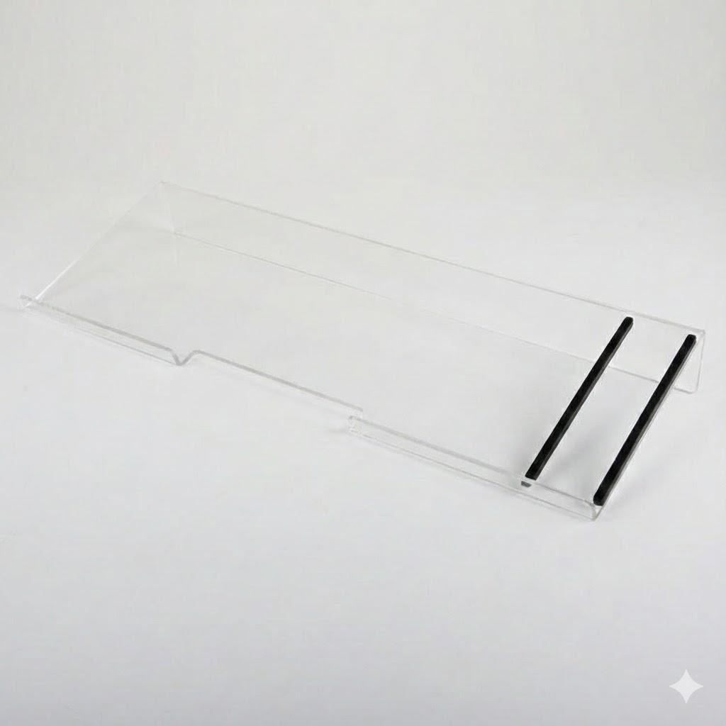 A white keyboard riser with two black ribs to hold a pen or other small storage.