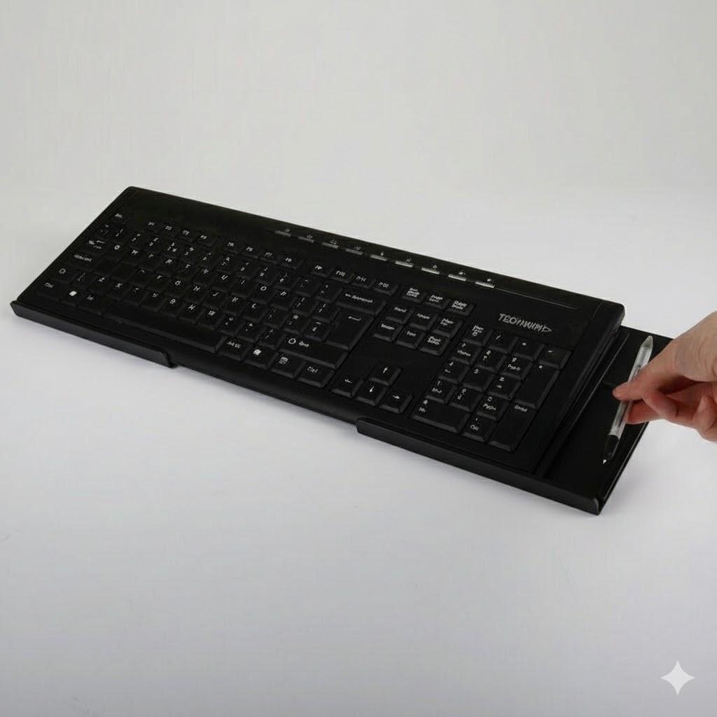 A black keyboard riser with a hand putting a pen in the pen holder slot.