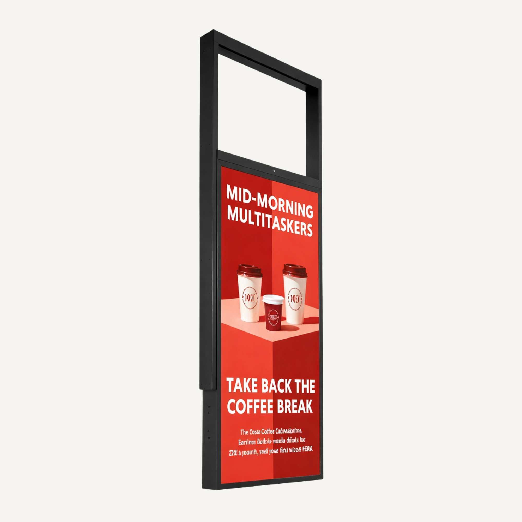 A ceiling hanging ultra-high-brightness double sided advertising screen in black.