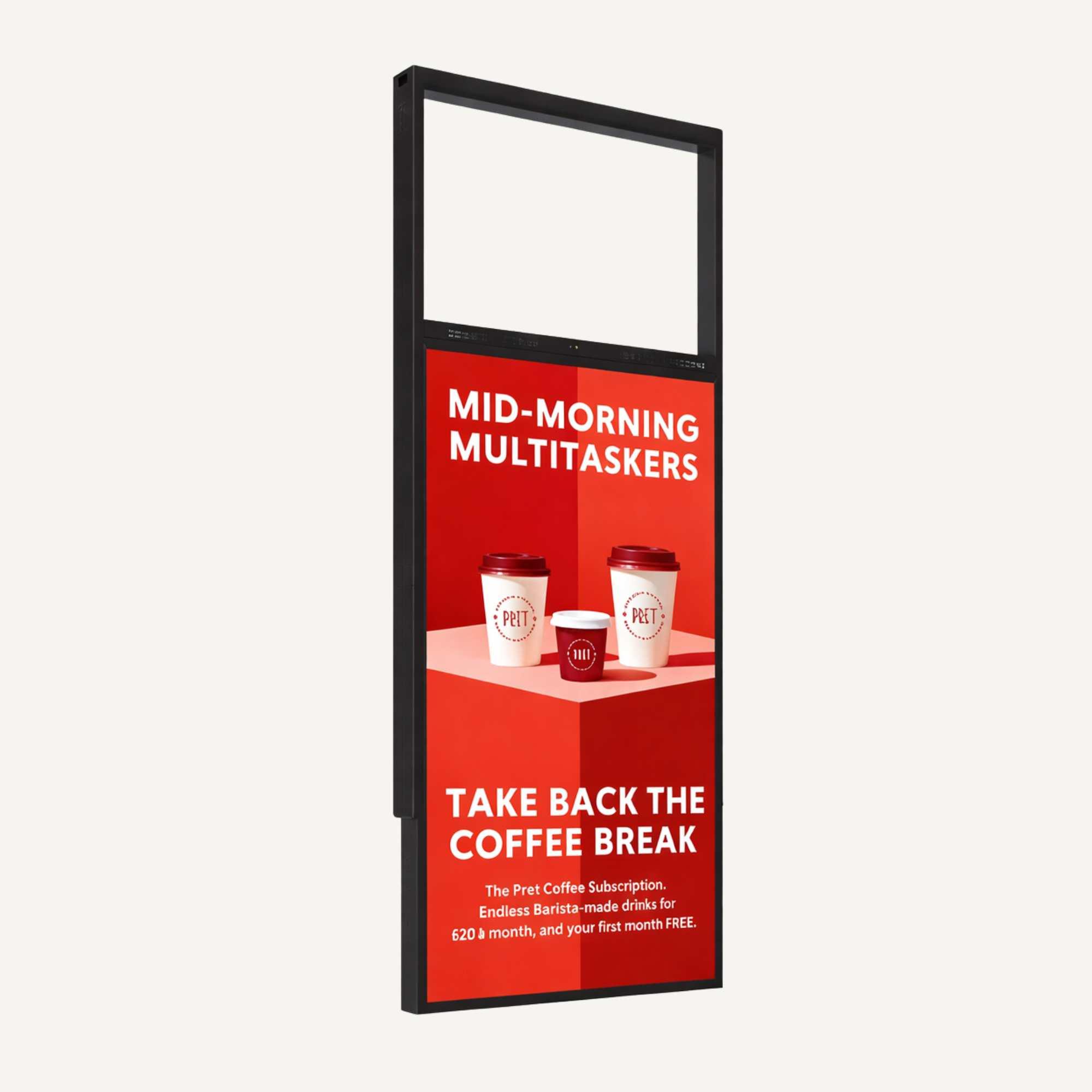 A ceiling hanging ultra-high-brightness double sided advertising screen in black.