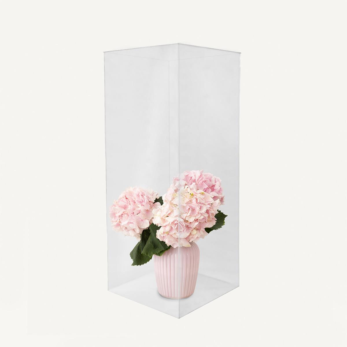 Clear Acrylic Plinth with flowers in a vase displayed inside the clear plinth.