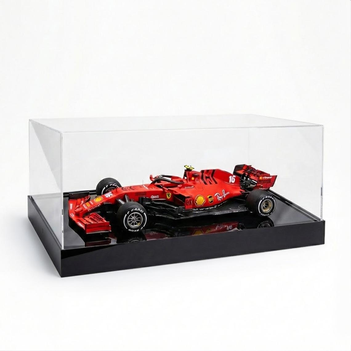 Black display case showcasing a 1:18 scale Ferrari F1 model Car. Featuring a lockable base.