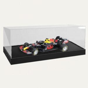 An acrylic 1:4 F1 Model Car Display Case with a white base and a model F1 car on display.