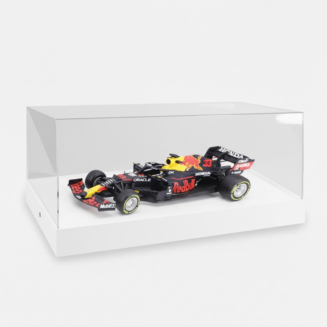 A 1:18 Red Bull F1 Model Car Display with a white base and a F1 model car on display.