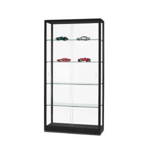 A black cabinet with 4 shelves, sliding doors and model cars on display.