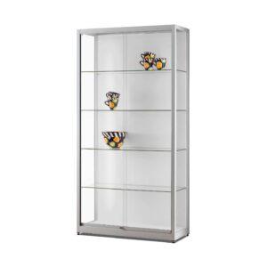 A silver cabinet with LED lights, sliding doors and vases on display.