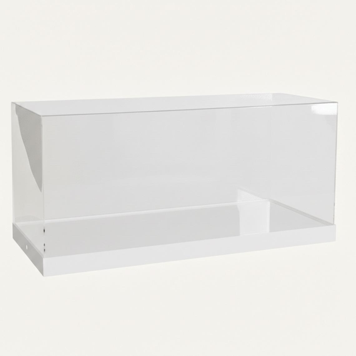 A model display case with a white base and a clear acrylic lid.