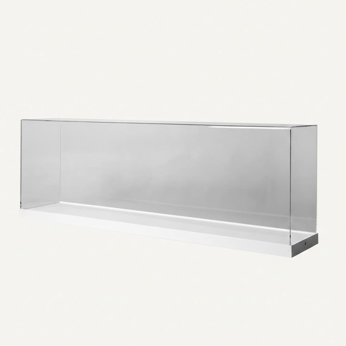 A model display case with a wide white base and a clear acrylic lid.