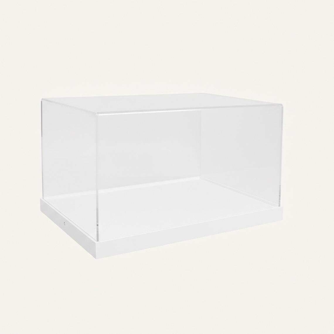 A model display case with a white base and a clear acrylic lid.