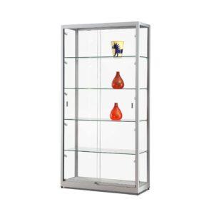A silver display cabinet with 4 shelves, doors and vases inside.