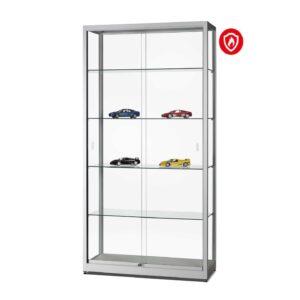 A fire resistant glass display cabinet with 4 shelves, sliding doors, lock and model cars on display.