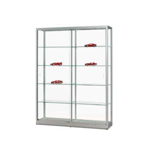A silver display cabinet with sliding doors and model cars on display.