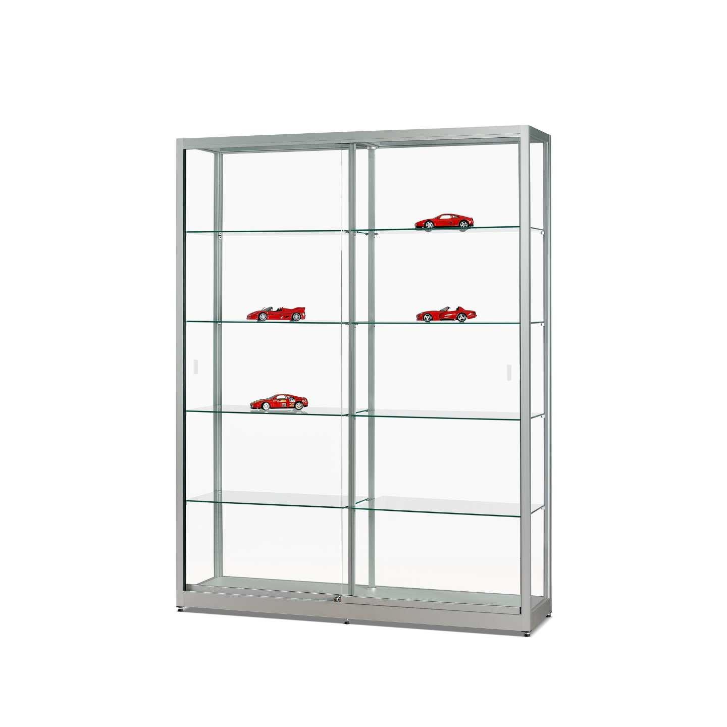 A silver display cabinet with sliding doors and model cars on display.