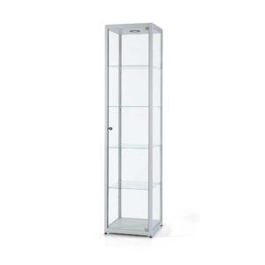 A silver glass display cabinet with a spotlight, hinged door and 4 shelves.