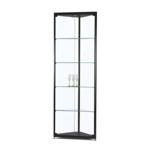 A black display cabinet with 4 shelves and wine glasses inside.