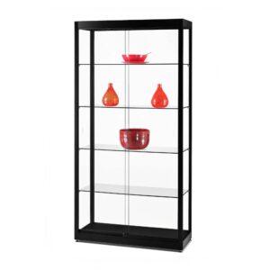 A black glass display cabinet with 4 shelves, spotlights and vases and bowls on display.